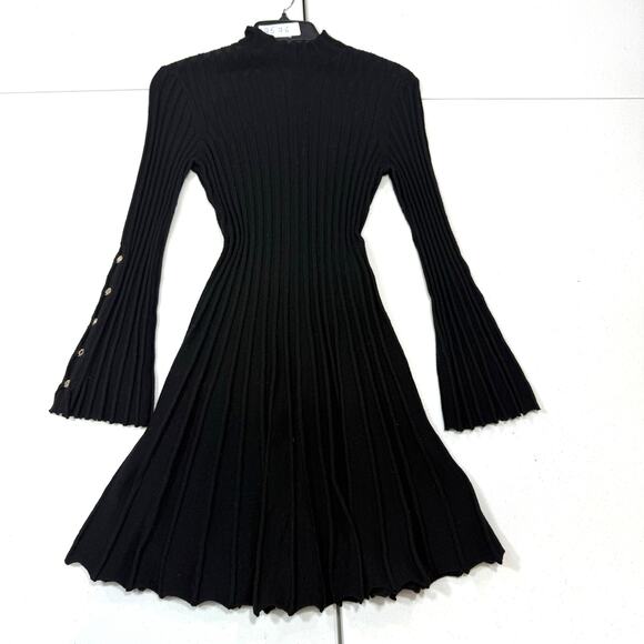 Maje Raffie Ribbed Flared Dress black bell sleeve size 36 - Picture 5 of 8